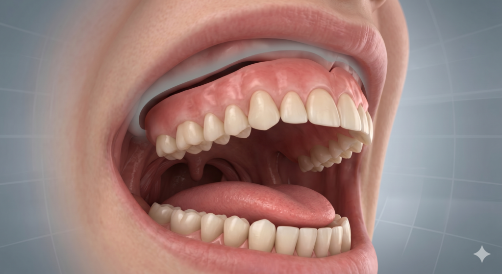 3D anatomy model of a mouth showing an upper denture slipping and disconnecting from the gums during speech.