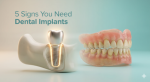 3D illustration comparing a modern permanent dental implant to traditional removable dentures.