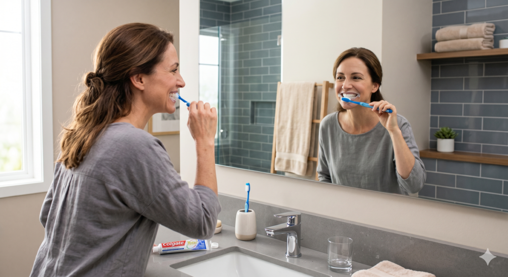 Adult happily brushing their permanent dental implants in the mirror like natural teeth.