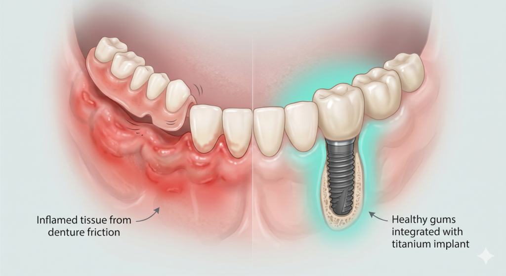 Medical illustration contrasting inflamed gums caused by denture friction with healthy gums supported by a dental implant.