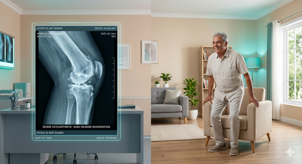 Split view of a medical knee X-ray showing arthritis alongside an older adult standing up easily after joint replacement surgery.