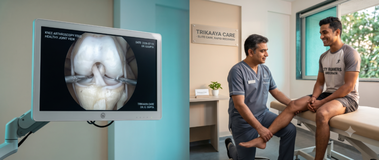 Dr. Gaurav Gupta evaluating an athlete's knee recovery alongside an arthroscopic monitor view at Trikaaya Care.