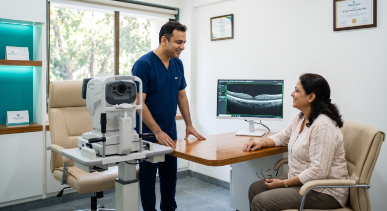 Dr. Hiten Makwana reviewing successful eye scan results with a smiling patient considering LASIK surgery at Trikaaya Care.