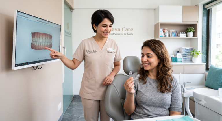 Dr. Suman Gupta discussing clear aligner treatment with an adult female patient viewing her 3D dental scan at Trikaaya Care.