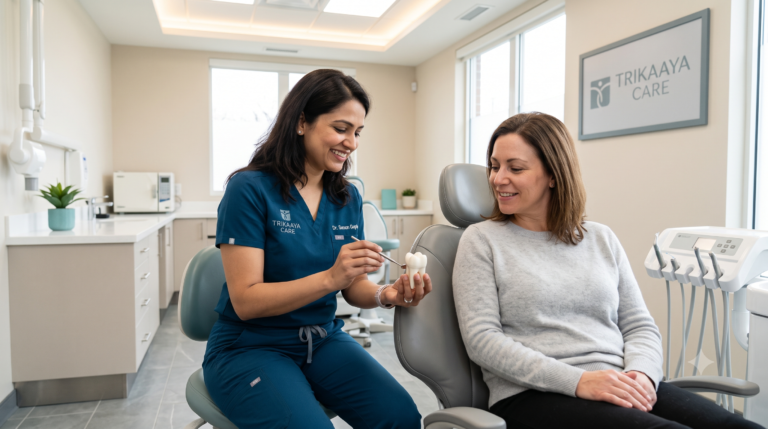 Dr. Suman Gupta explaining a painless root canal procedure to a smiling, relaxed patient using a physical tooth model at Trikaaya Care.