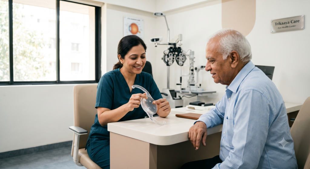 Eye surgeon showing an older patient a physical model of a cataract replacement lens during a consultation.