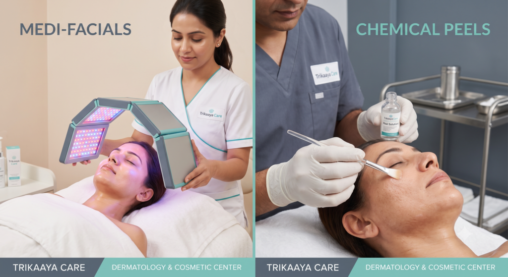 Side-by-side comparison of a patient receiving a hydrating Medi-Facial and a patient receiving a clinical Chemical Peel at a dermatology clinic.