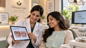 Dentist showing a patient her digital smile design preview on a tablet at Trikaaya Care, Kandivali West
