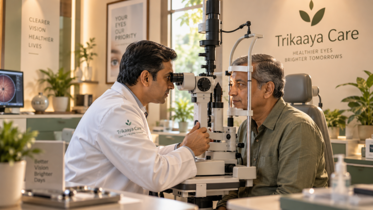 Ophthalmologist performing a routine glaucoma eye pressure screening on a patient at Trikaaya Care, Kandivali West