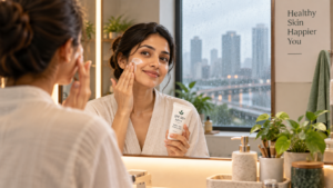 Woman applying sunscreen as part of post-chemical-peel skincare routine in Mumbai's humid climate